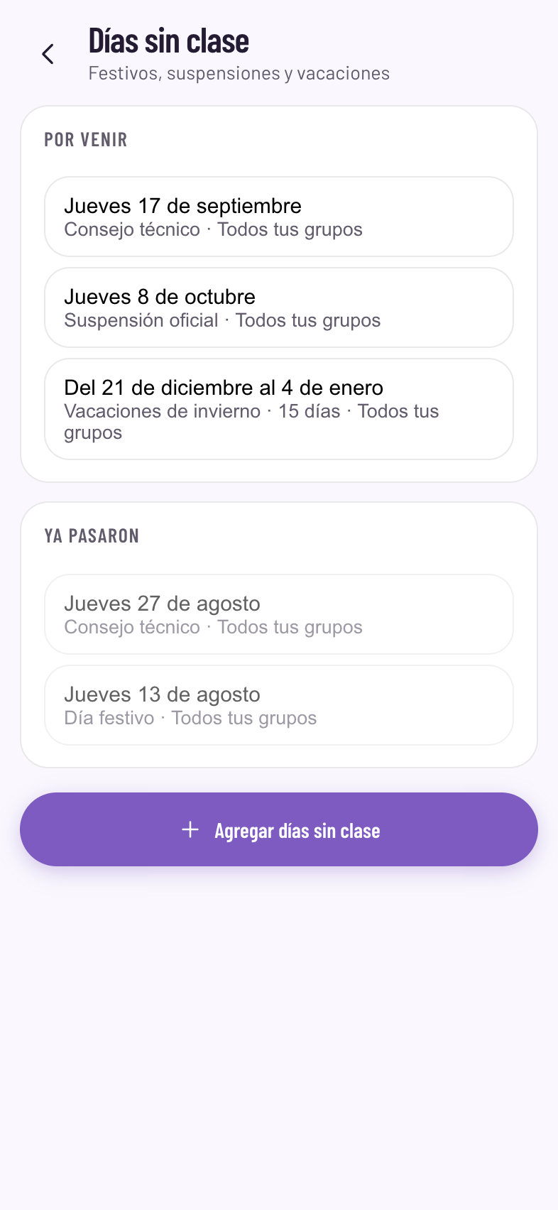 Pantalla de Días sin clase en Nemikan con festivos, un consejo técnico y un periodo de vacaciones