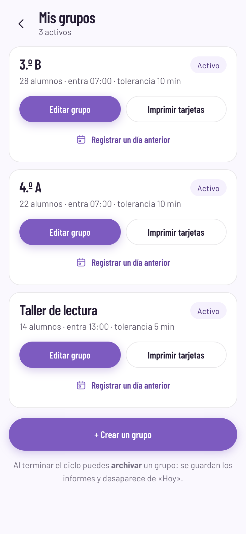 Pantalla de Mis grupos en Nemikan con tres grupos, su horario y su tolerancia