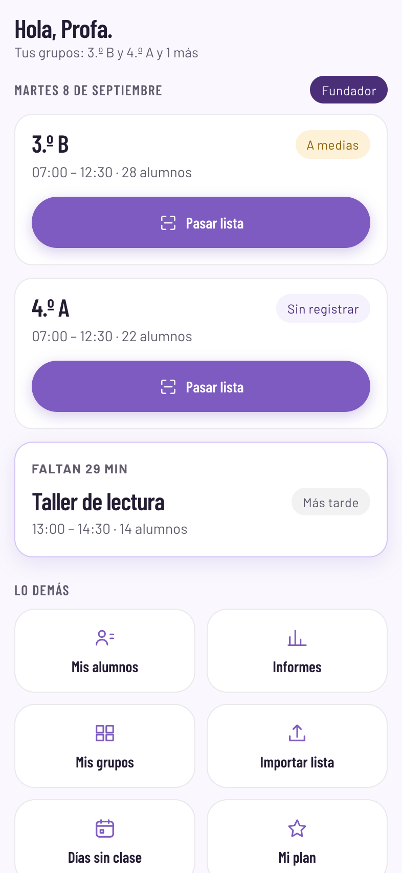 Pantalla de inicio de Nemikan con las clases del día y el botón de pasar lista